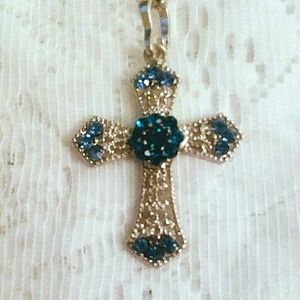 Silver/blue rhinestones cross necklace